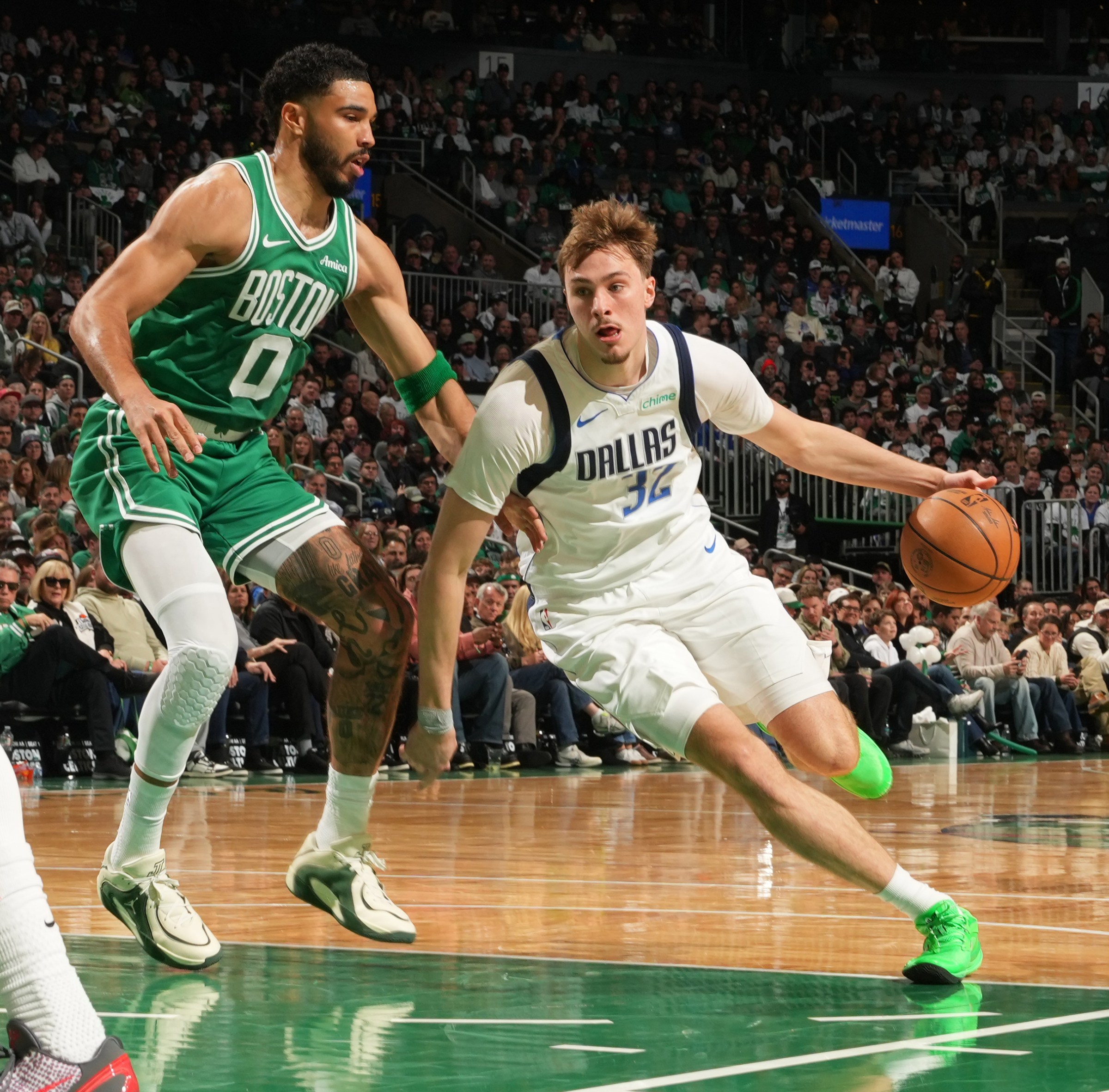 BOSTON, MA - MARCH 6: Jayson Tatum #0 of the Boston Celtics guards Cooper Flagg #32 of the Dallas Mavericks during the game on March 6, 2026 at TD Garden in Boston, Massachusetts. NOTE TO USER: User expressly acknowledges and agrees that, by downloading and/or using this Photograph, user is consenting to the terms and conditions of the Getty Images License Agreement. Mandatory Copyright Notice: Copyright 2026 NBAE (Photo by Jesse D. Garrabrant/NBAE via Getty Images)