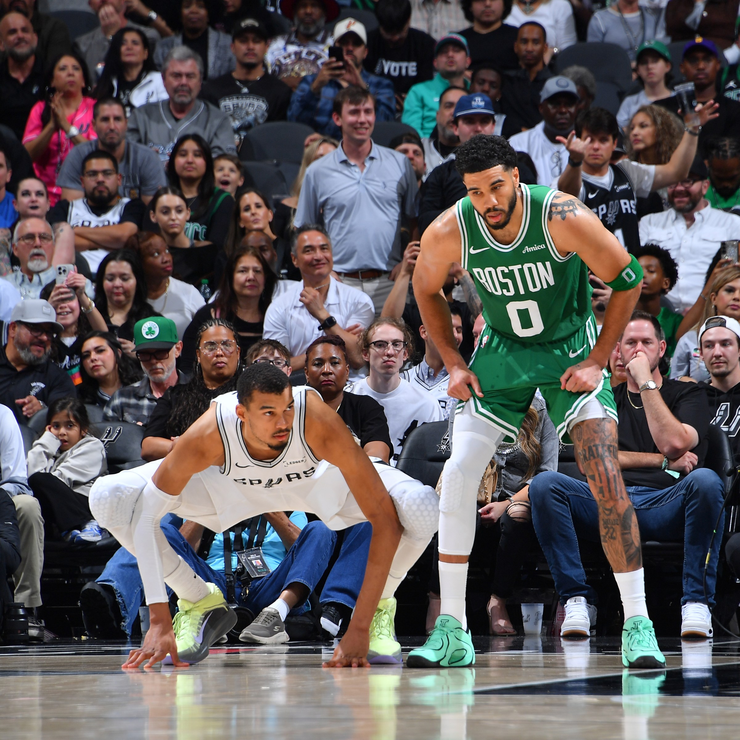 SAN ANTONIO, TX - MARCH 10: Victor Wembanyama #1 of the San Antonio Spurs and Jayson Tatum #0 of the Boston Celtics look on during the game on March 10, 2026 at the Frost Bank Center in San Antonio, Texas. NOTE TO USER: User expressly acknowledges and agrees that, by downloading and or using this photograph, user is consenting to the terms and conditions of the Getty Images License Agreement. Mandatory Copyright Notice: Copyright 2026 NBAE (Photos by Michael Gonzales/NBAE via Getty Images)