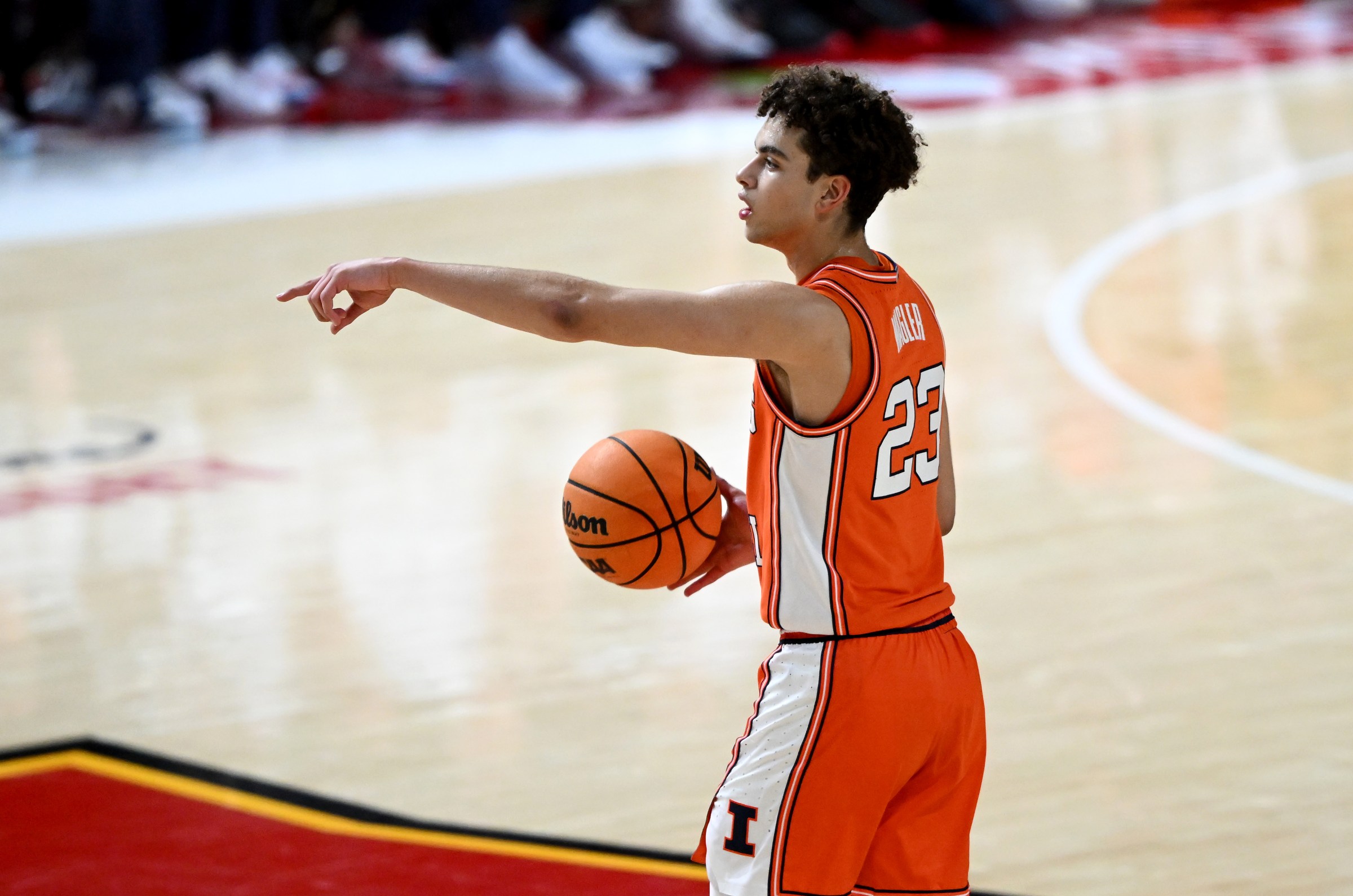 COLLEGE PARK, MARYLAND - MARCH 08: Keaton Wagler #23 of the Illinois Fighting Illini handles the ball in the first half against the Maryland Terrapins at Xfinity Center on March 08, 2026 in College Park, Maryland. (Photo by G Fiume/Getty Images)