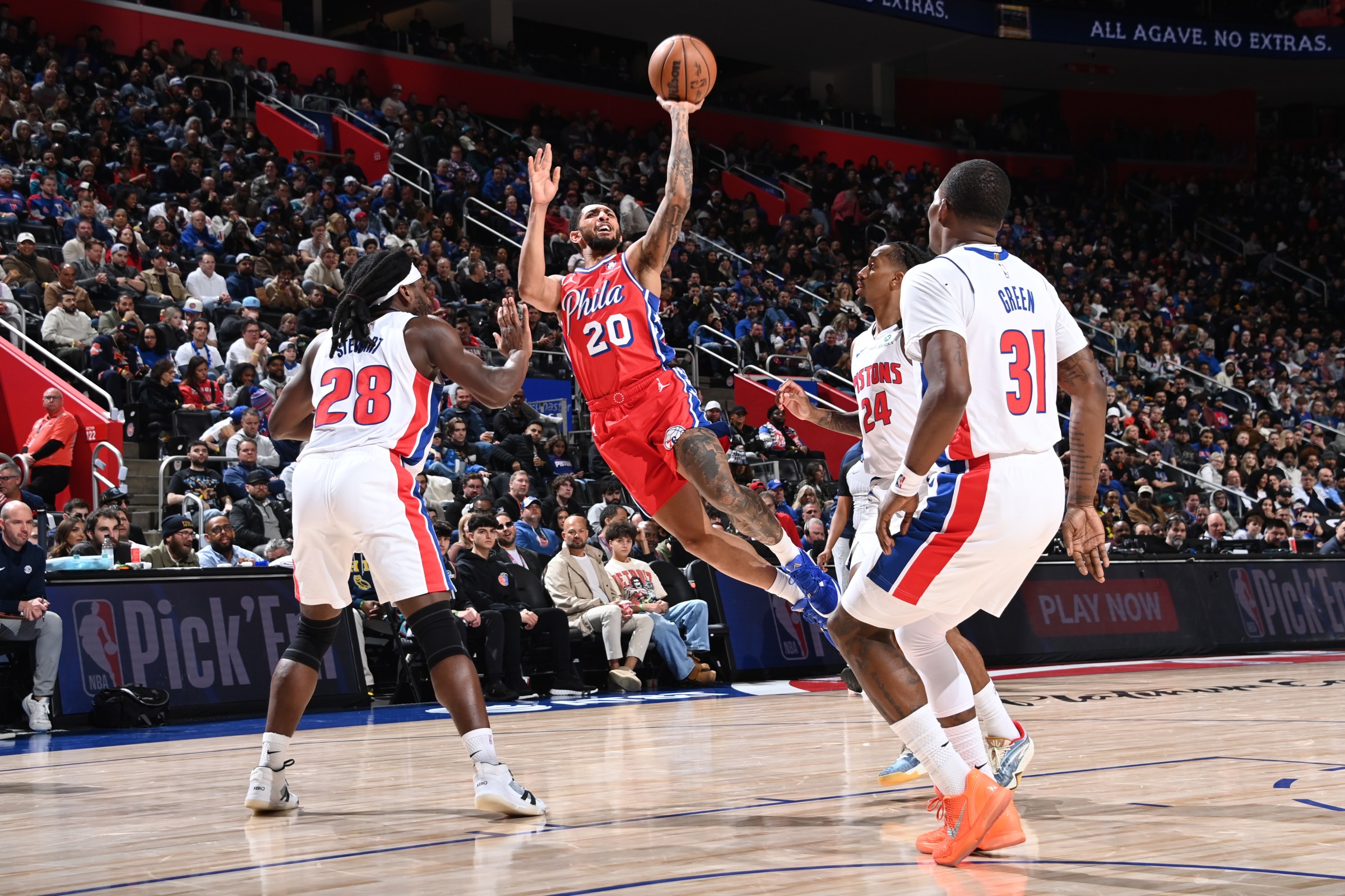 DETROIT, MI - MARCH 12: Cameron Payne #20 of the Philadelphia 76ers shoots the ball during the game against the Detroit Pistons on March 12, 2026 at Little Caesars Arena in Detroit, Michigan. NOTE TO USER: User expressly acknowledges and agrees that, by downloading and/or using this photograph, User is consenting to the terms and conditions of the Getty Images License Agreement. Mandatory Copyright Notice: Copyright 2026 NBAE (Photo by Chris Schwegler/NBAE via Getty Images)