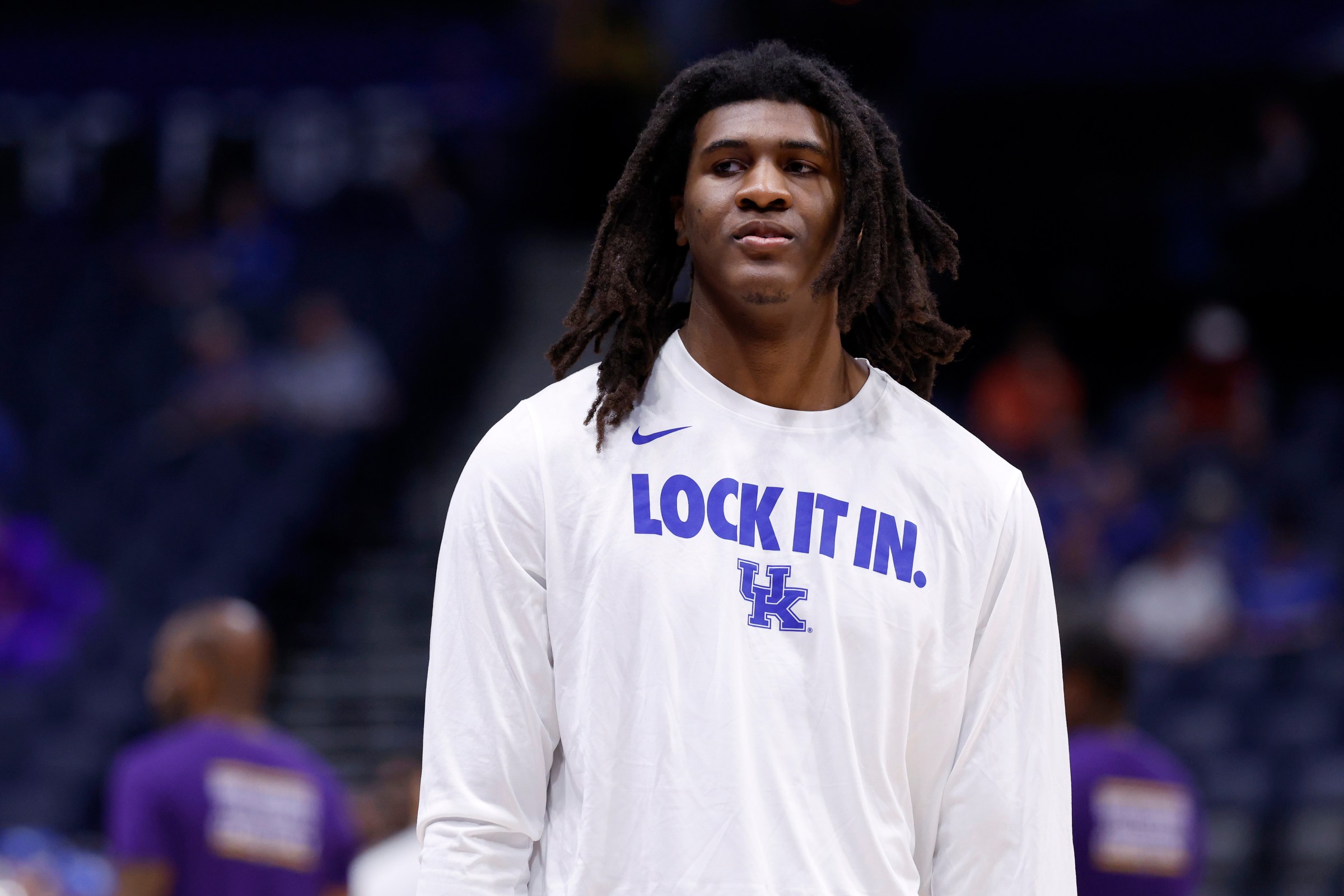 NASHVILLE, TENNESSEE - MARCH 11: Jayden Quaintance #21 of the Kentucky Wildcats looks on prior to the first round of the 2026 SEC Men’s Basketball Tournament against the LSU Tigers at Bridgestone Arena on March 11, 2026 in Nashville, Tennessee. (Photo by Johnnie Izquierdo/Getty Images)