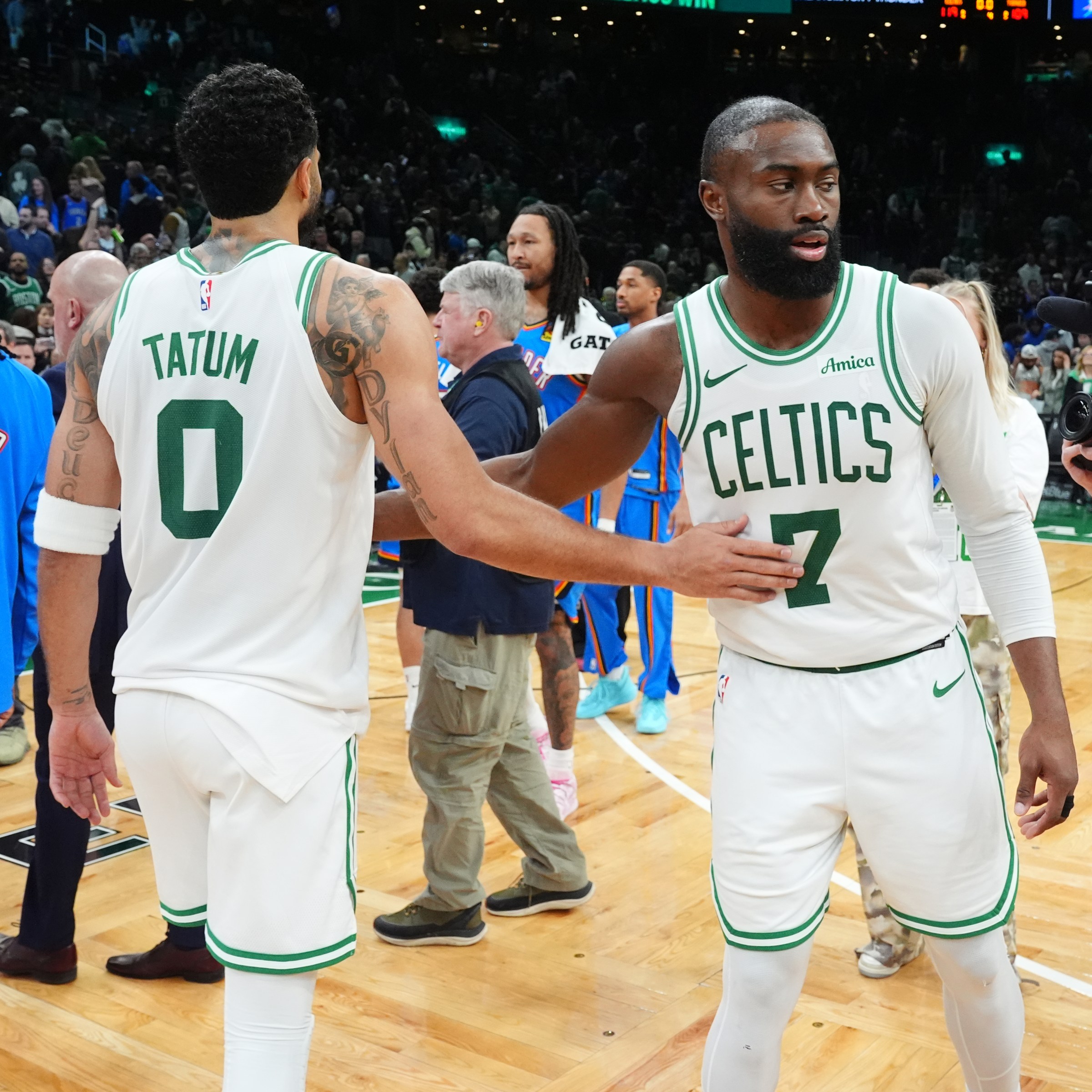 BOSTON, MA - MARCH 25: Jayson Tatum #0 and Jaylen Brown #7 of the Boston Celtics react during the game after the game on March 25, 2026 at TD Garden in Boston, Massachusetts. NOTE TO USER: User expressly acknowledges and agrees that, by downloading and/or using this Photograph, user is consenting to the terms and conditions of the Getty Images License Agreement. Mandatory Copyright Notice: Copyright 2026 NBAE (Photo by Brian Babineau/NBAE via Getty Images)