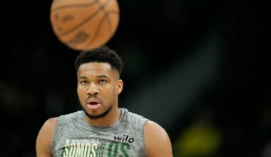 Milwaukee Bucks' Giannis Antetokounmpo warms up before an NBA basketball game against the Boston Celtics, Monday, March 2, 2026, in Milwaukee.