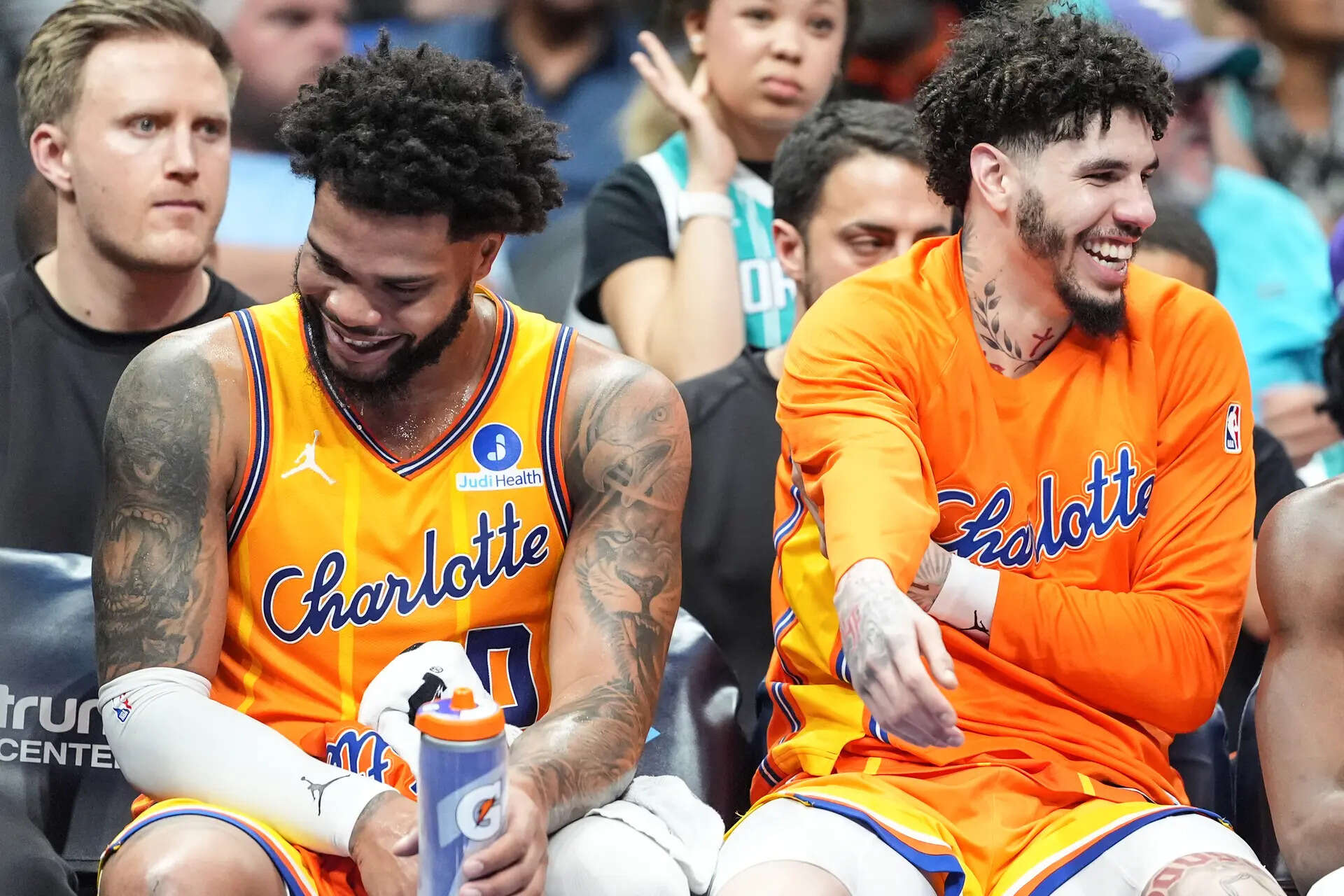 Charlotte Hornets forward Miles Bridges, left, and Charlotte Hornets guard LaMelo Ball (Image via AP Photo/Matt Kelley) Grizzlies Hornets Basketball