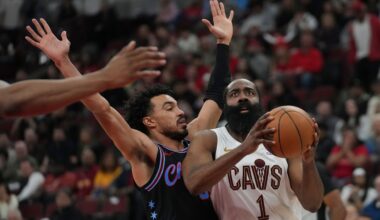 Cleveland Cavaliers guard James Harden (1), right, handles the ball as Chicago Bulls guard Tre Jones (30) defends during the second half of an NBA basketball game Thursday, March 19, 2026, in Chicago. (AP Photo/Erin Hooley)