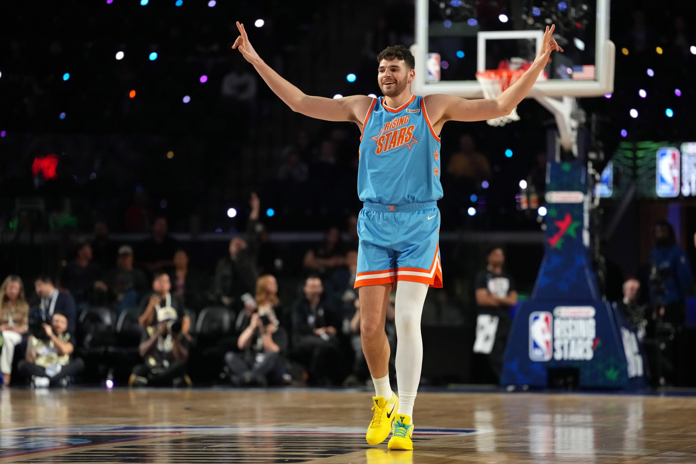 Feb 13, 2026; Inglewood, California, USA; Team Melo frontcourt Donovan Clingan (23) of the Portland Trail Blazers reacts in the first half during an NBA All Star Rising Stars game at Intuit Dome. Mandatory Credit: Kirby Lee-Imagn Images