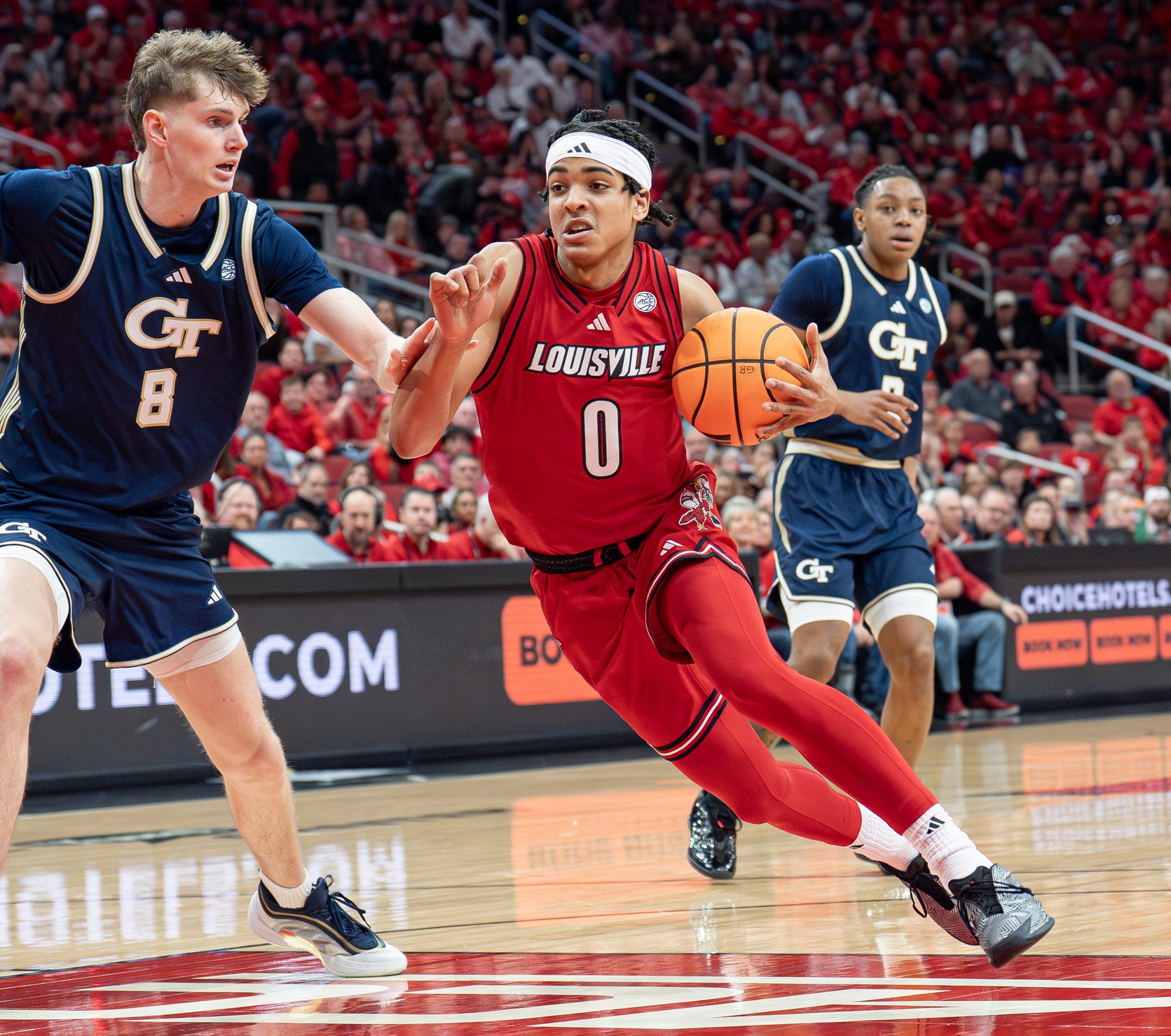 Louisville Cardinals guard Mikel Brown Jr. (0) drives the basket as the Louisville Cardinals host the Georgia Tech Yellow Jackets in an NCAA basketball game at the KFC Yum! Center, Saturday, Feb. 21, 2026, in Louisville.