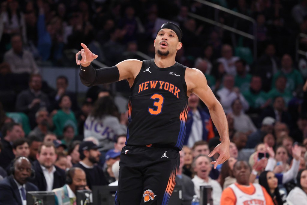 New York Knicks guard Josh Hart #3 reacts on the court.