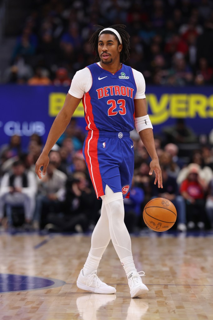 Jaden Ivey #23 of the Detroit Pistons plays against the New York Knicks at Little Caesars Arena on January 5, 2026 in Detroit, Michigan.  