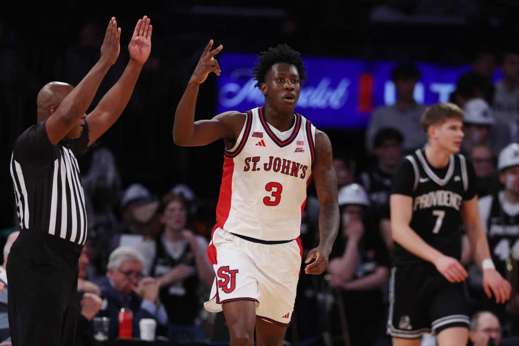 Joson Sanon #3 of the St. John's Red Storm reacts during a basketball game.