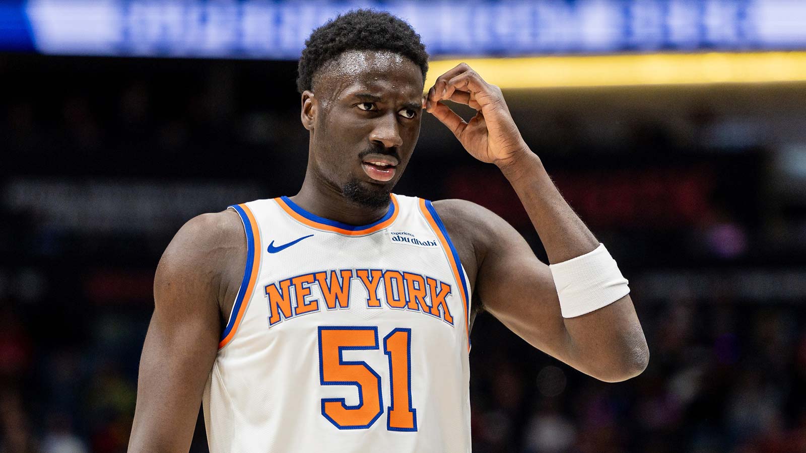 Dec 29, 2025; New Orleans, Louisiana, USA; New York Knicks forward Mohamed Diawara (51) looks on against the New Orleans Pelicans during the first half at Smoothie King Center. Mandatory Credit: Stephen Lew-Imagn Images