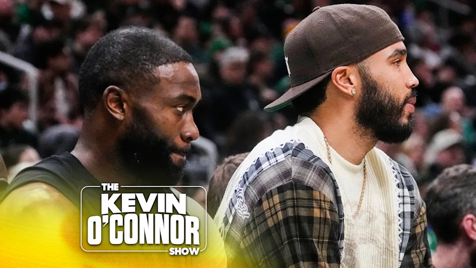 Boston Celtics forward Jayson Tatum, right, sits with Boston Celtics guard Jaylen Brown during an NBA basketball game, Monday, Jan. 5, 2026, in Boston. (AP Photo/Charles Krupa)