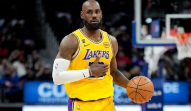 LeBron James #23 of the Los Angeles Lakers dribbles the ball against the Detroit Pistons at Little Caesars Arena on March 23, 2026.