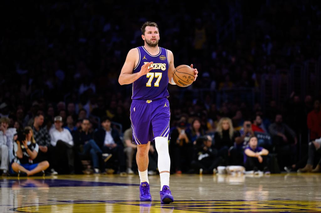 Los Angeles Lakers guard Luka Doncic (77) controls the ball during the second half against the Brooklyn Nets at Crypto.com Arena.