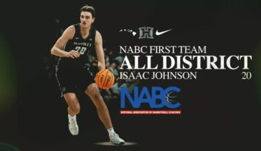 NABC First Team All District sports graphic with Isaac Johnson pictured