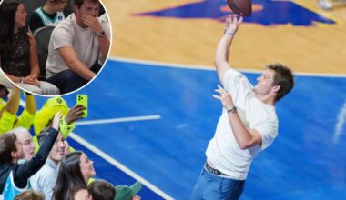 Drake Maye hurls footballs during NBA date night with wife Ann Michael