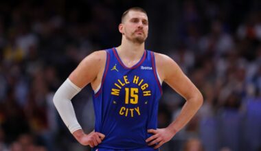 Nikola Jokić of the Denver Nuggets looks on during a game against the Golden State Warriors at Ball Arena on March 29, 2026.