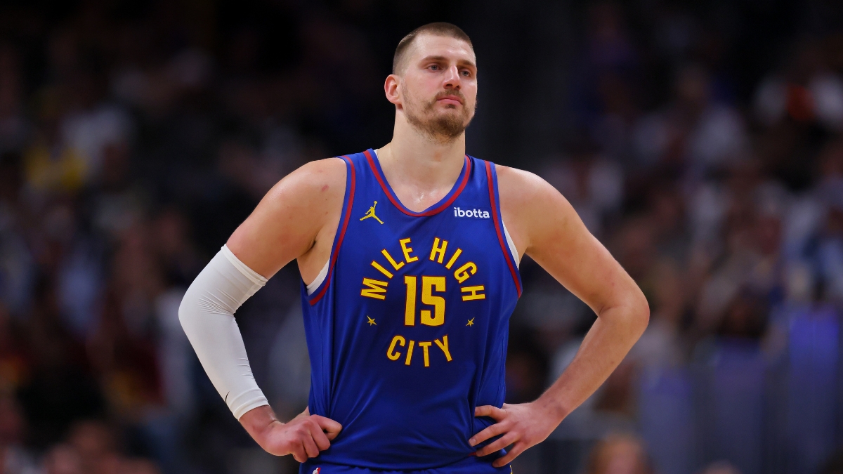 Nikola Jokić of the Denver Nuggets looks on during a game against the Golden State Warriors at Ball Arena on March 29, 2026.