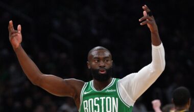 Boston Celtics guard Jaylen Brown (7) reacts after draining a three during the 1st quarter. The Boston Celtics hosted the Golden State Warriors Wednesday, March 18, 2026 at TD Garden in Boston, MA.