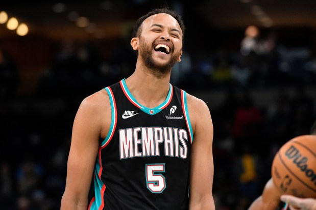 Memphis Grizzlies forward Kyle Anderson reacts in the second half of an NBA basketball game against the Utah Jazz, Friday, Feb. 20, 2026, in Memphis, Tenn. (AP Photo/Brandon Dill)