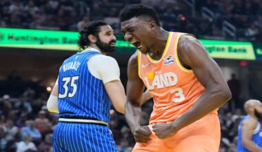 Cleveland Cavaliers center Thomas Bryant (3) shouts after dunking over Orlando Magic center Goga Bitadze (35) in the first half of an NBA basketball game in Cleveland, Tuesday, March 24, 2026. (AP Photo/Sue Ogrocki)