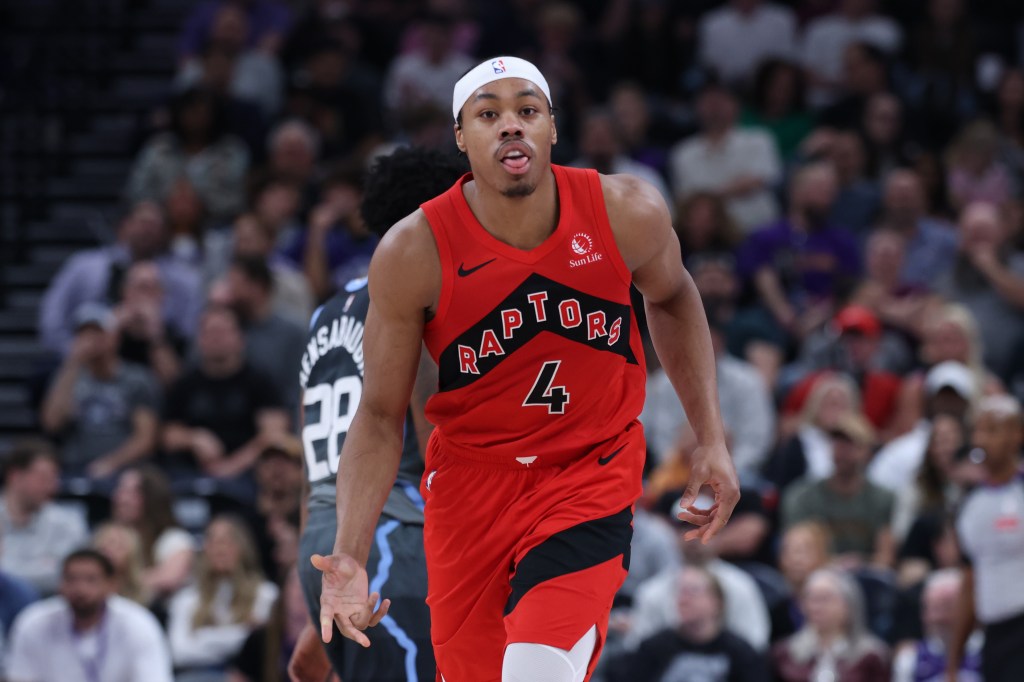 Toronto Raptors forward Scottie Barnes reacts after making a basket at the buzzer to end the first half of an NBA basketball game against the Utah Jazz, Monday, March 23, 2026, in Salt Lake City.