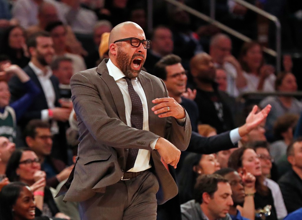 New York Knicks head coach David Fizdale reacts to a call during the game.