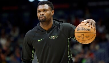 Zion Williamson of the New Orleans Pelicans warms up at Smoothie King Center before a game against the Houston Rockets.