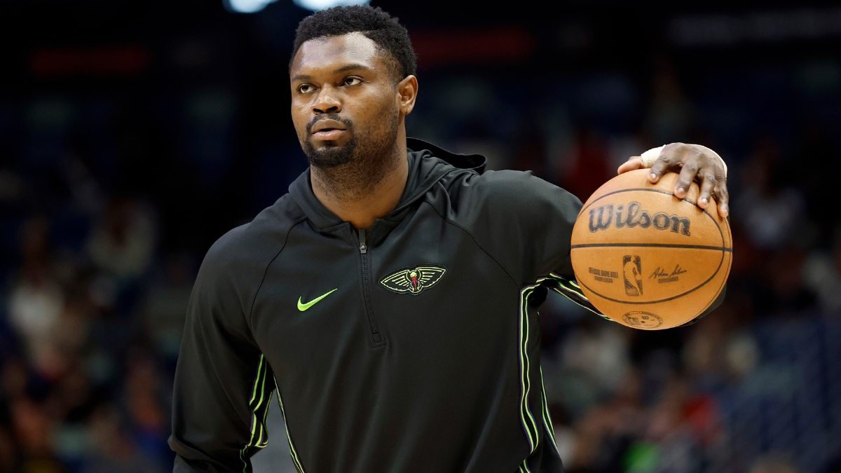 Zion Williamson of the New Orleans Pelicans warms up at Smoothie King Center before a game against the Houston Rockets.