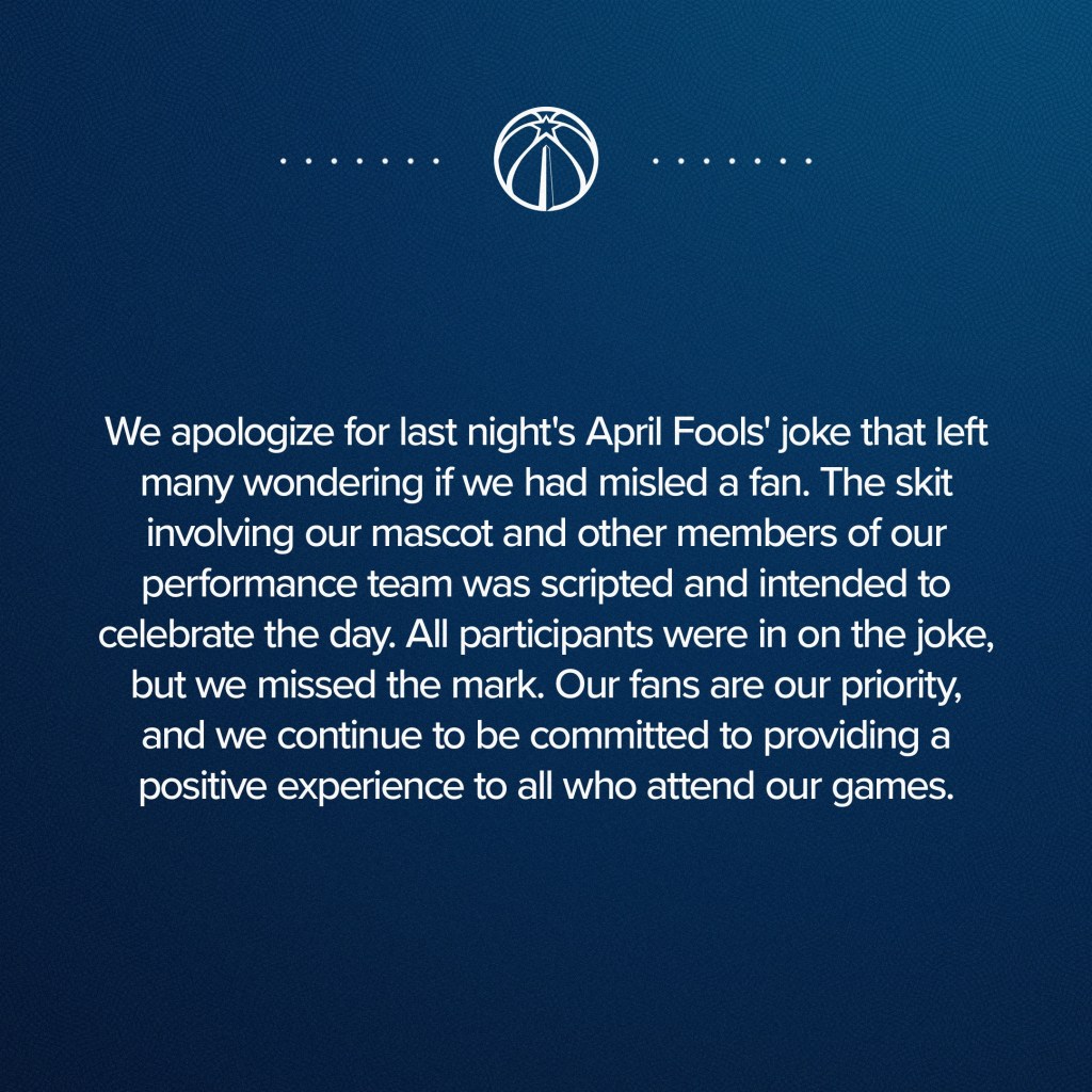 Apology from the Washington Wizards for an April Fools' Day prank.