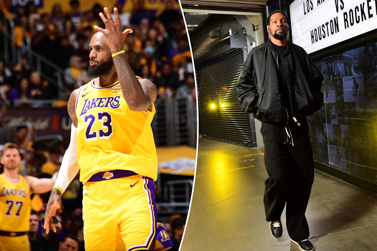 An image collage containing 2 images, Image 1 shows LeBron James in a yellow Lakers uniform raises a hand to signal a play, with fans in the stands behind him, Image 2 shows Basketball player Kevin Durant entering the arena for a game between the Los Angeles Lakers and Houston Rockets