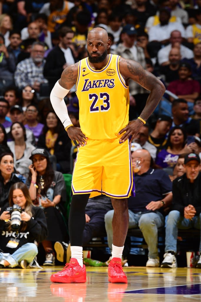 LeBron James of the Los Angeles Lakers looks on during the game against the Washington Wizards on March 30, 2026 at Crypto.Com Arena in Los Angeles, California. NBAE via Getty Images
