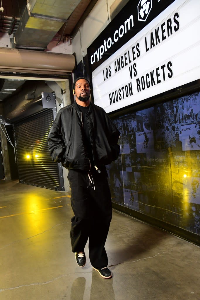 The Rockets’ Kevin Durant arrives for Game 1 of the NBA playoff series against the Lakers. NBAE via Getty Images
