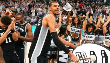 Mar 5, 2026; San Antonio, Texas, USA; San Antonio Spurs forward forward Victor Wembanyama (1) beats a drum and leads fans on a cheer after a victory over the Detroit Pistons at Frost Bank Center. Mandatory Credit: Scott Wachter-Imagn Images