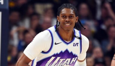 Mar 27, 2026; Denver, Colorado, USA; Utah Jazz forward Cody Williams (5) after scoring during the second half against the Denver Nuggets at Ball Arena. Mandatory Credit: Christopher Hanewinckel-Imagn Images