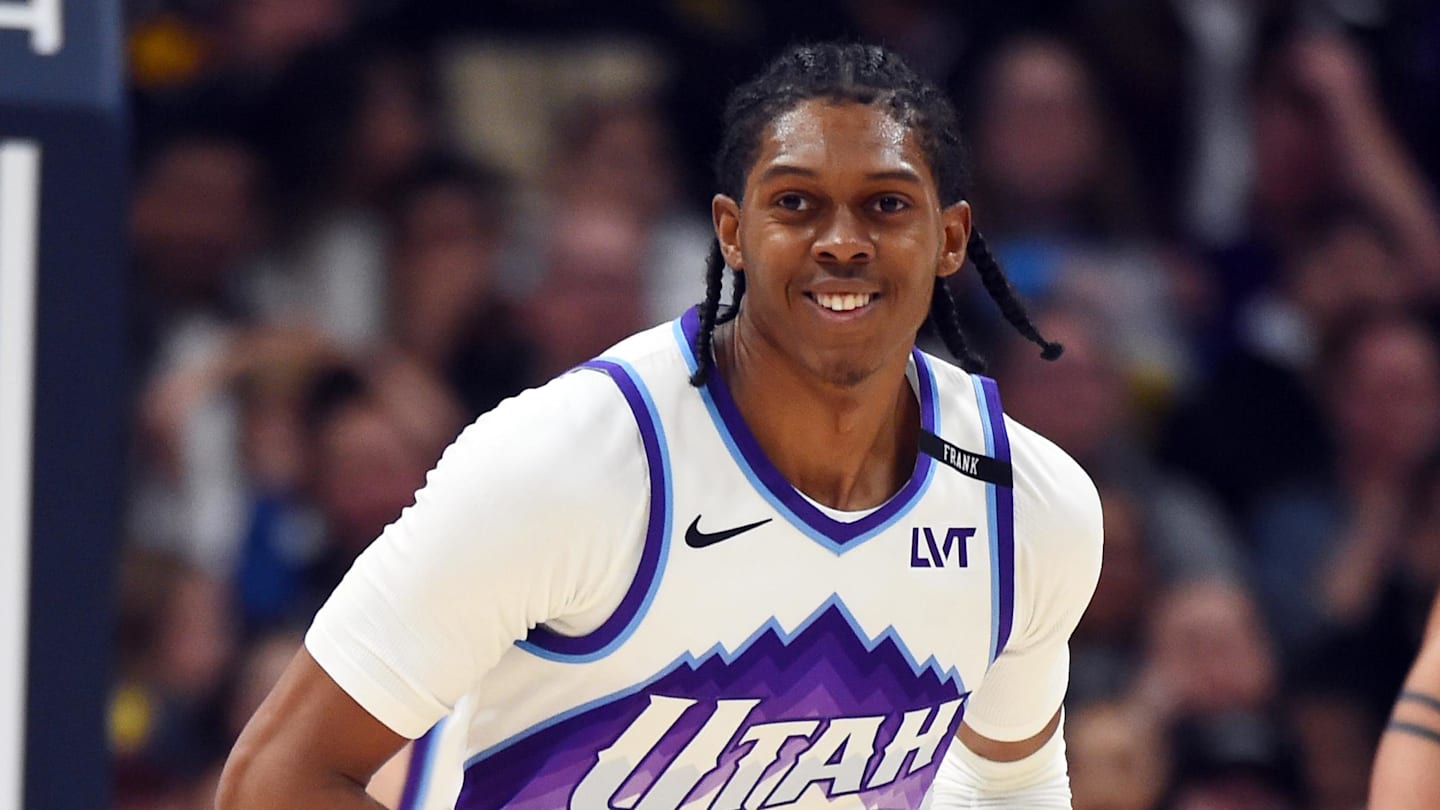 Mar 27, 2026; Denver, Colorado, USA; Utah Jazz forward Cody Williams (5) after scoring during the second half against the Denver Nuggets at Ball Arena. Mandatory Credit: Christopher Hanewinckel-Imagn Images