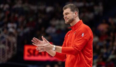 Jan 2, 2026; New Orleans, Louisiana, USA;  Portland Trail Blazers interim Head Coach Tiago Splitter reacts to a play against the New Orleans Pelicans during the second half at Smoothie King Center. Mandatory Credit: Stephen Lew-Imagn Images