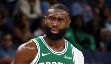 Oct 8, 2025; Memphis, Tennessee, USA; Boston Celtics guard Jaylen Brown (7) reacts toward an official after a technical foul call during the second quarter against the Memphis Grizzlies at FedExForum. Mandatory Credit: Petre Thomas-Imagn Images