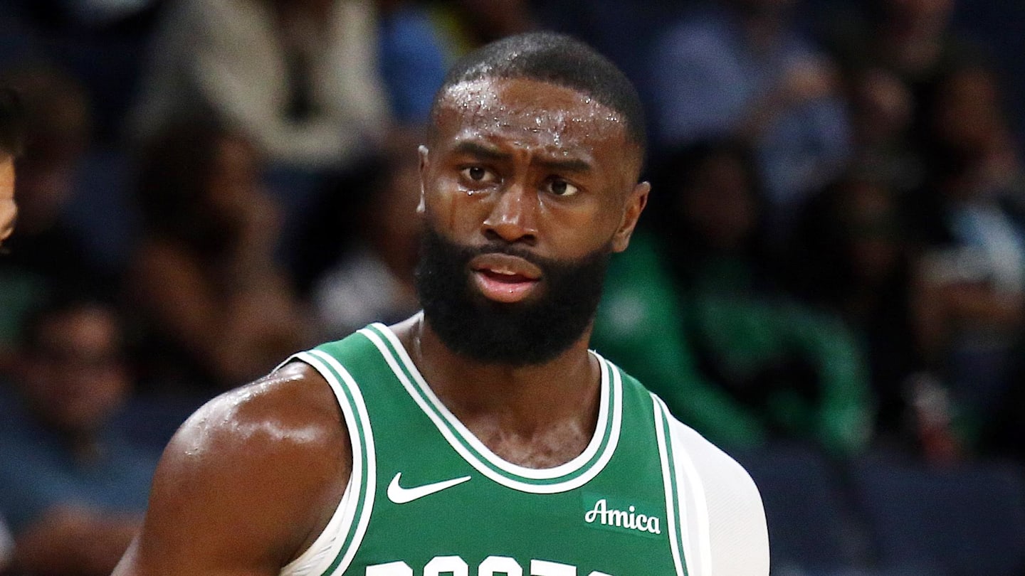 Oct 8, 2025; Memphis, Tennessee, USA; Boston Celtics guard Jaylen Brown (7) reacts toward an official after a technical foul call during the second quarter against the Memphis Grizzlies at FedExForum. Mandatory Credit: Petre Thomas-Imagn Images