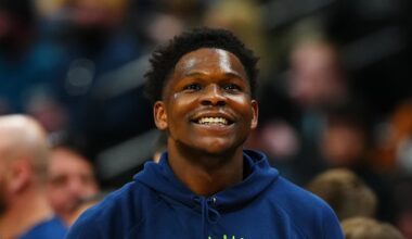 Mar 1, 2026; Denver, Colorado, USA; Minnesota Timberwolves guard Anthony Edwards (5) reacts before the game against the Denver Nuggets Ball Arena. Mandatory Credit: Ron Chenoy-Imagn Images