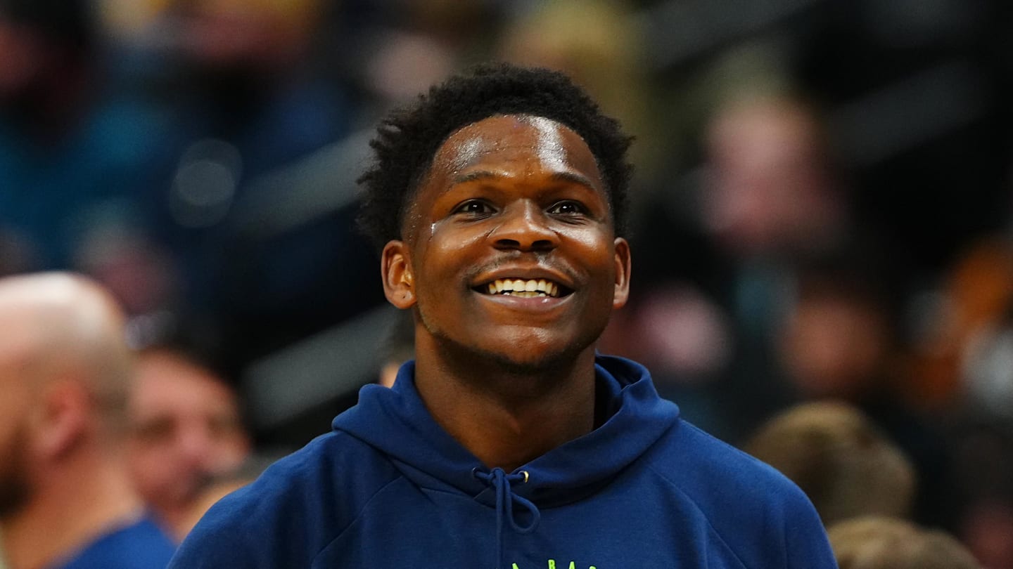 Mar 1, 2026; Denver, Colorado, USA; Minnesota Timberwolves guard Anthony Edwards (5) reacts before the game against the Denver Nuggets Ball Arena. Mandatory Credit: Ron Chenoy-Imagn Images