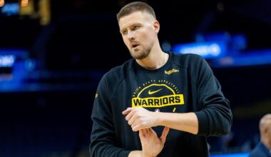 Mar 10, 2026; San Francisco, California, USA; Golden State Warriors center Kristaps Porzingis (7) warms up before the game at Chase Center. Mandatory Credit: Bob Kupbens-Imagn Images