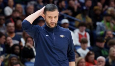 Jan 13, 2026; New Orleans, Louisiana, USA; New Orleans Pelicans head coach James Borrego reacts during the second half against the Denver Nuggets at Smoothie King Center. Mandatory Credit: Matthew Hinton-Imagn Images