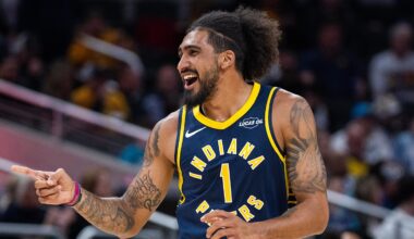 Indiana Pacers forward Obi Toppin (1) celebrates a made basket in the first half against the Charlotte Hornets at Gainbridge Fieldhouse.