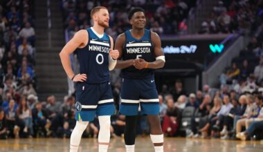 Mar 13, 2026; San Francisco, California, USA; Minnesota Timberwolves guard Anthony Edwards (5) talks with guard Donte DiVincenzo (0) during a break in the action against the Golden State Warriors in the second quarter at the Chase Center. Mandatory Credit: Cary Edmondson-Imagn Images