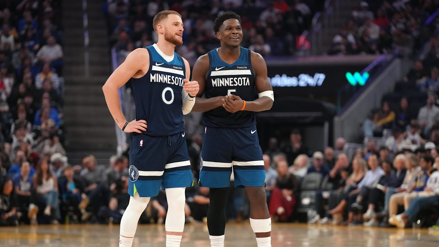 Mar 13, 2026; San Francisco, California, USA; Minnesota Timberwolves guard Anthony Edwards (5) talks with guard Donte DiVincenzo (0) during a break in the action against the Golden State Warriors in the second quarter at the Chase Center. Mandatory Credit: Cary Edmondson-Imagn Images