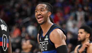 Feb 27, 2026; Detroit, Michigan, USA;  Detroit Pistons guard Daniss Jenkins (24). Mandatory Credit: Lon Horwedel-Imagn Images