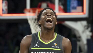 Jan 11, 2026; Minneapolis, Minnesota, USA; Minnesota Timberwolves guard Anthony Edwards (5) celebrates after defeating the San Antonio Spurs at Target Center. Mandatory Credit: Jesse Johnson-Imagn Images