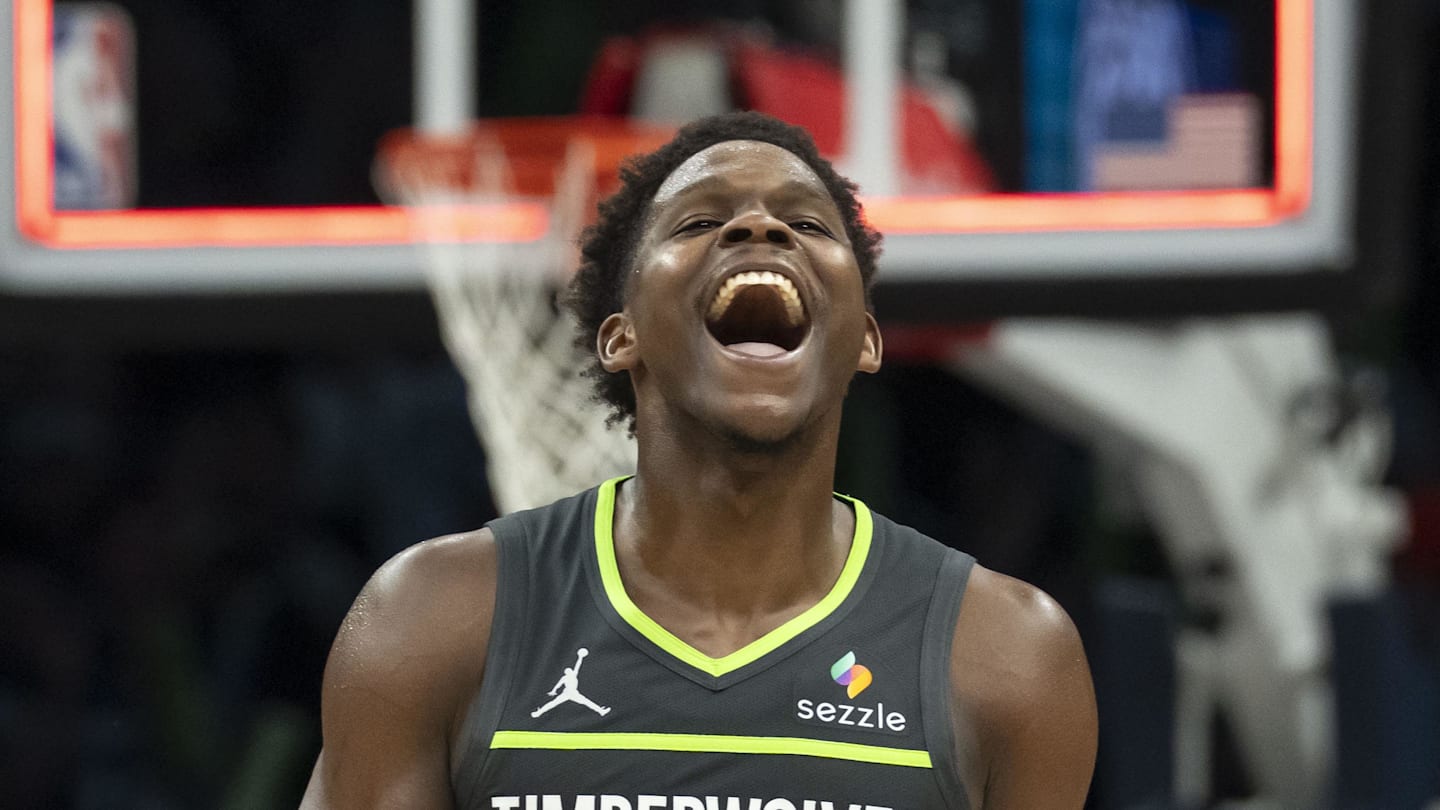 Jan 11, 2026; Minneapolis, Minnesota, USA; Minnesota Timberwolves guard Anthony Edwards (5) celebrates after defeating the San Antonio Spurs at Target Center. Mandatory Credit: Jesse Johnson-Imagn Images