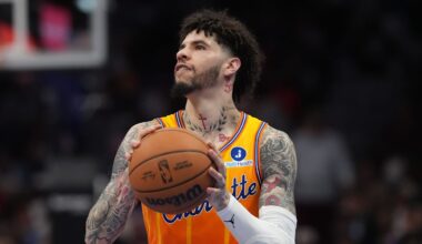 Mar 26, 2026; Charlotte, North Carolina, USA; Charlotte Hornets guard LaMelo Ball (1) shoots the ball against the New York Knicks during the second quarter at the Spectrum Center. Mandatory Credit: Jim Dedmon-Imagn Images